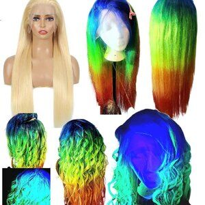 28 Inch Human Hair Lace Front Wig, GLOW in the Dark Wig, Semi-Permanent Color, h